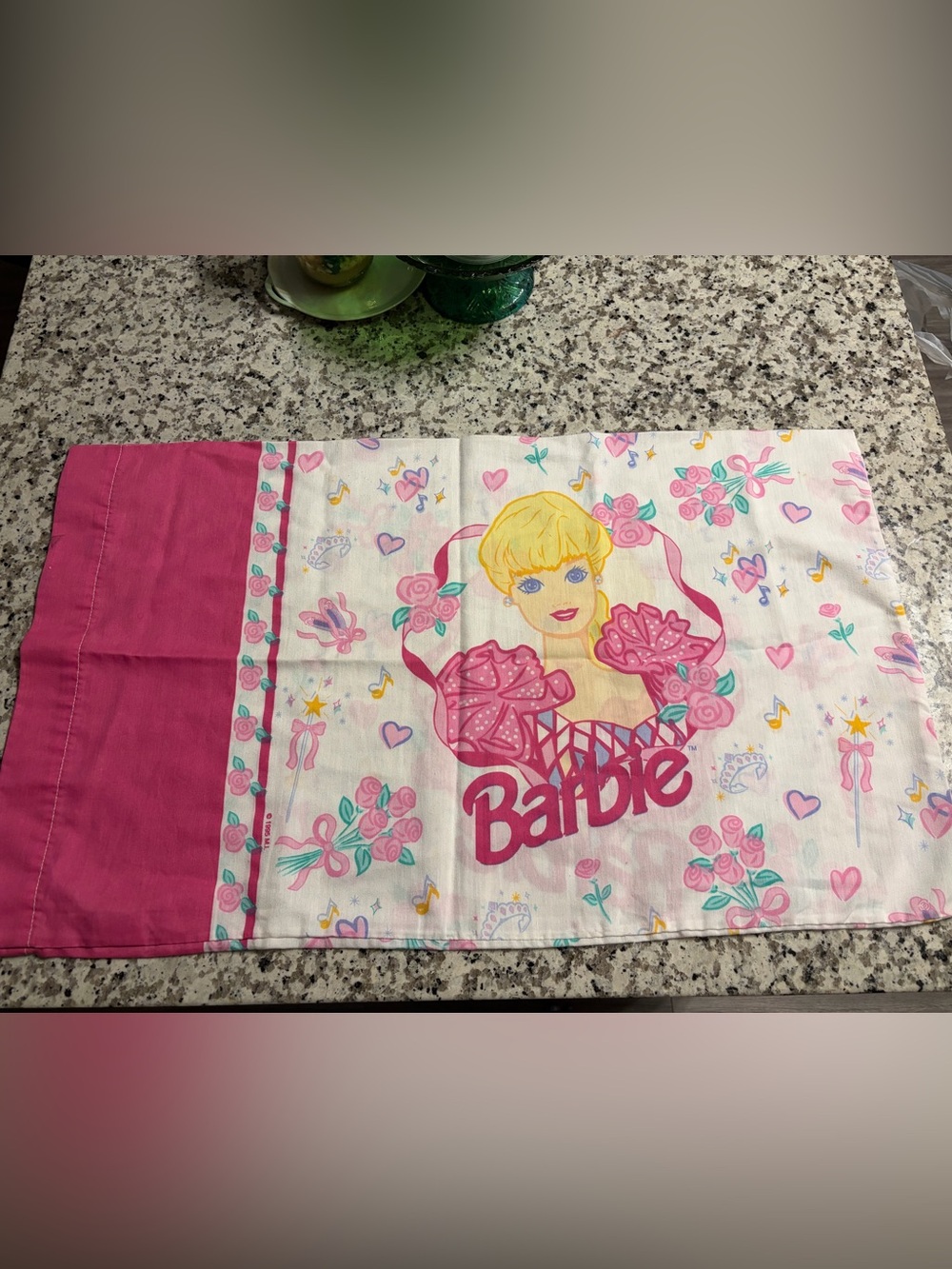Vintage 1995 Barbie Pink and White Floral Graphic Pillowcase